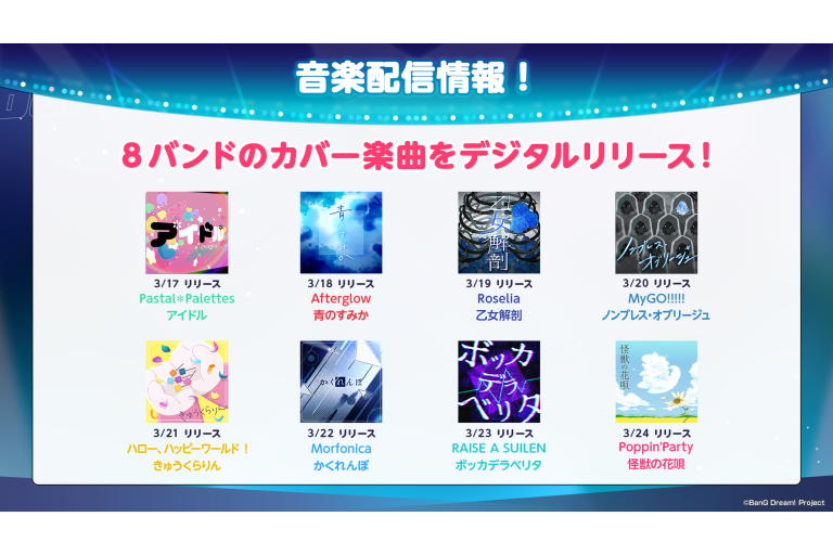 【音楽配信】バンドリ！8バンドのカバー曲の連続リリースが決定！